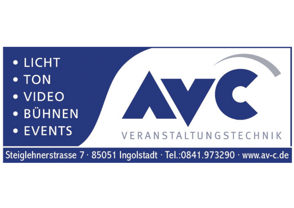 Logo der AVC Veranstaltungstechnik mit den Begriffen Licht, Ton, Video, B&uuml;hnen und Events sowie Kontaktdaten.