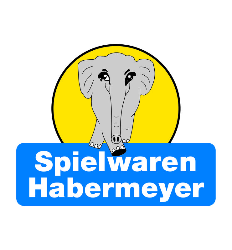 Logo von Spielwaren Habermeyer mit einem grauen Elefanten vor einem gelben Hintergrund und blauer Schrift darunter.