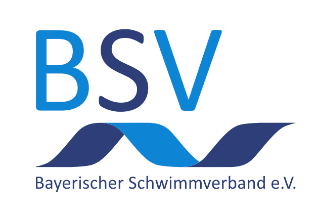 Logo des Bayerischen Schwimmverbands e.V. mit blauem Schriftzug „BSV“ und Wellenmotiven darunter.