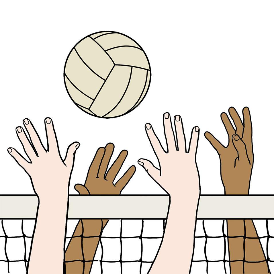 Hände in verschiedenen Hauttönen heben sich über einem Volleyballnetz, während ein Volleyball darüber schwebt.
