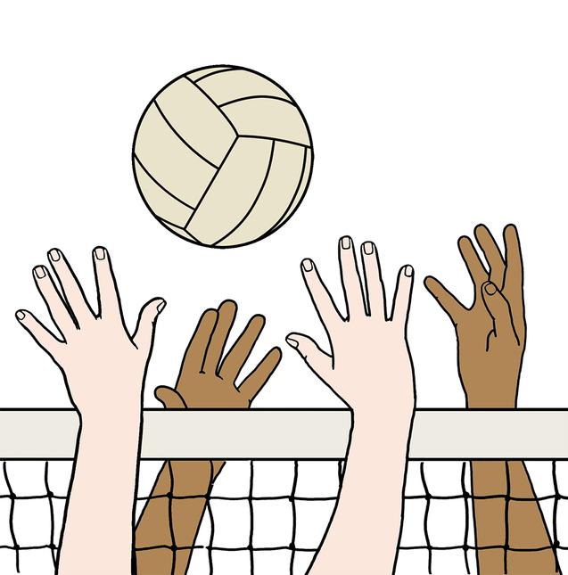 Hände in verschiedenen Hauttönen heben sich über einem Volleyballnetz, während ein Volleyball darüber schwebt.
