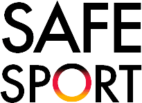 Logo mit der Aufschrift „SAFE SPORT“ in schwarzer Schrift, umgeben von einem bunten Kreis in den Farben der deutschen Flagge.